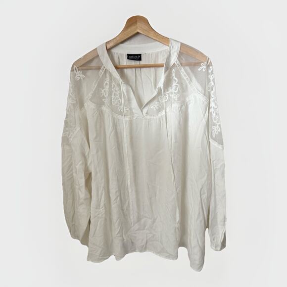 Natura Viscose White Lacey Blouse Flowy Portugal Peasant Boho Western Top 1X - Picture 1 of 7